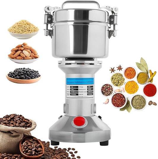 750g Electric Grain Mill Grinder, 2000W High-Speed Stainless Steel Dry Food Grinder, for Grains, Spices, Seeds, Coffee, Herbs & More, Commercial & Home Kitchen Use (28000 RPM, One-Touch Operation)