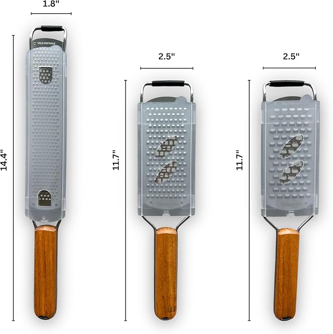 NAZANIN Grater Set of 3 – 304 Stainless Steel Cheese Grater, Zester & Vegetable Grater with Acacia Wood Handles – Handheld Kitchen Graters for Garlic, Ginger, Lemon, Nutmeg & more