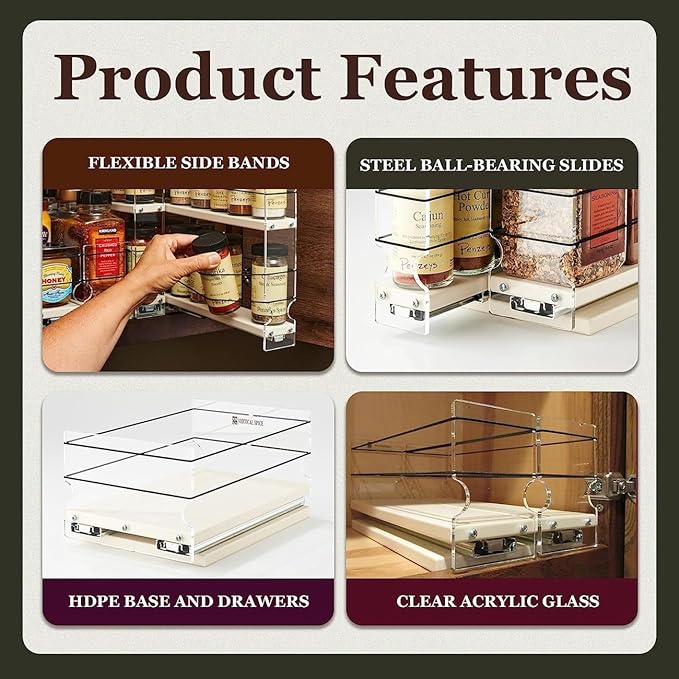 Vertical Spice Narrow Spice Rack -Sliding Spice Jars Organizer - Pantry Organizers & Storage - Slide Out Drawers for Kitchen Cabinets -Seasoning Caddy (2.3" W x .9.25" H x 10.6"D, Partially Assembled)