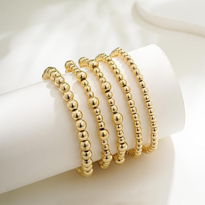 Gold Bracelets for Women, 14K Gold Plated Beaded Bracelets Gold Strand Bead Ball Bracelet Stack Set Adjustable Bracelet Set Waterproof Jewelry for Women Gifts Non Tarnish