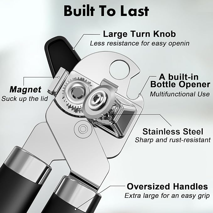 2PCS Can Opener Manual & Bottle Opener, Smooth Edge Manual Can Openers with Strong Magnet, Heavy Duty Stainless Steel Abrelatas Handheld Can Openers - Premium Kitchen Supplies (Black)