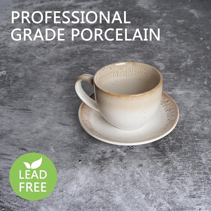 Bosmarlin Ceramic Cappuccino Cup and Saucer Set of 2, 10 Oz, Dishwasher and Microwave Safe, Coffee Cups for Latte, Espresso, Tea, Reavtive Glaze (Brown)