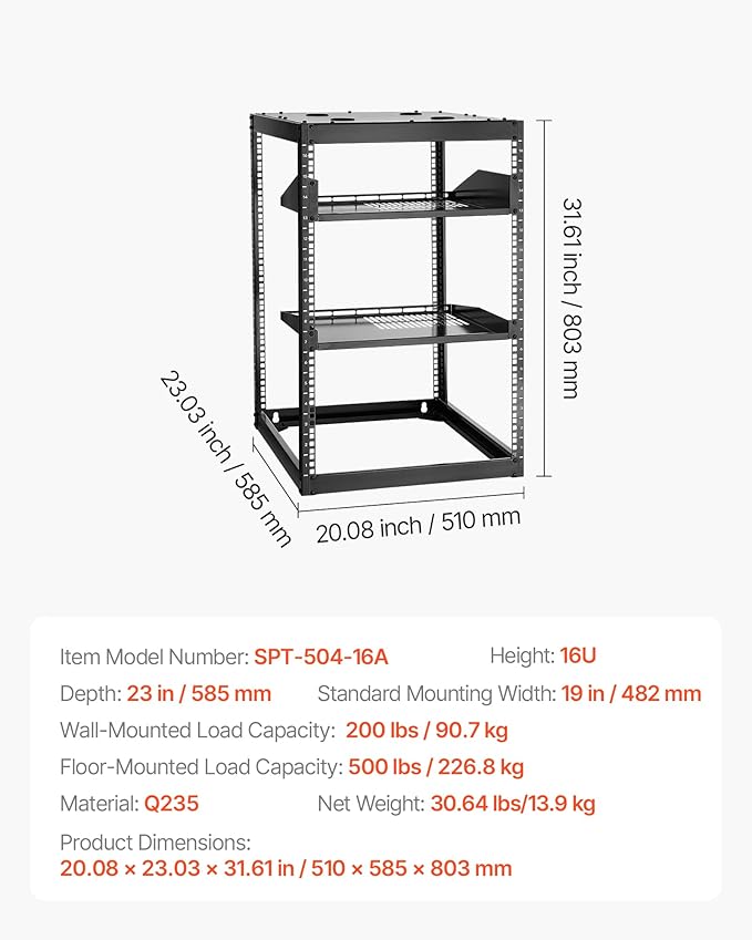 VEVOR 16U Open Frame Server Rack & Network Rack, Wall Mounted or Floor Standing, Heavy Duty 4 Post, with 2PCS Vented 1U Shelves & Mounting Hardware, Holds All 19'' Networking IT Equipment AV Gear