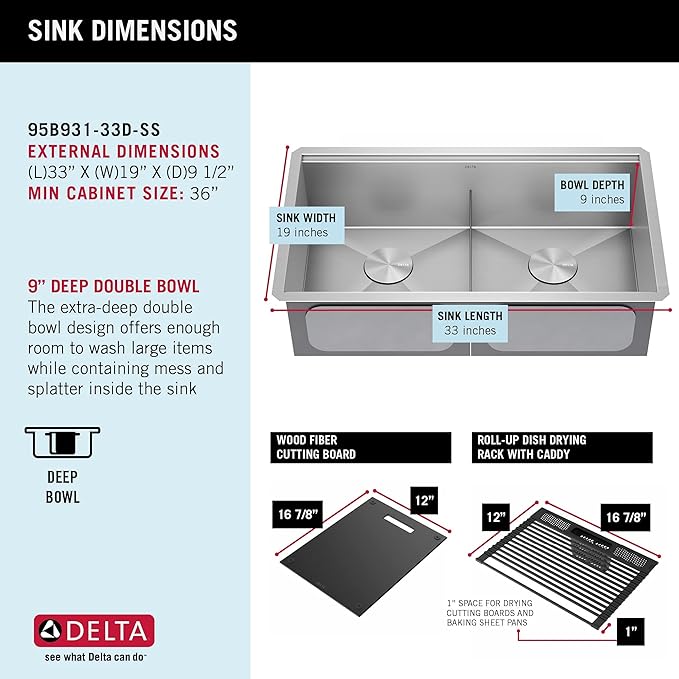 DELTA FAUCET Rivet 33-Inch Workstation Kitchen Sink Undermount 16 Gauge Stainless Steel 50/50 Double Bowl with WorkFlow Ledge and Chef’s Kit of 9 Accessories, 95B931-33D-SS