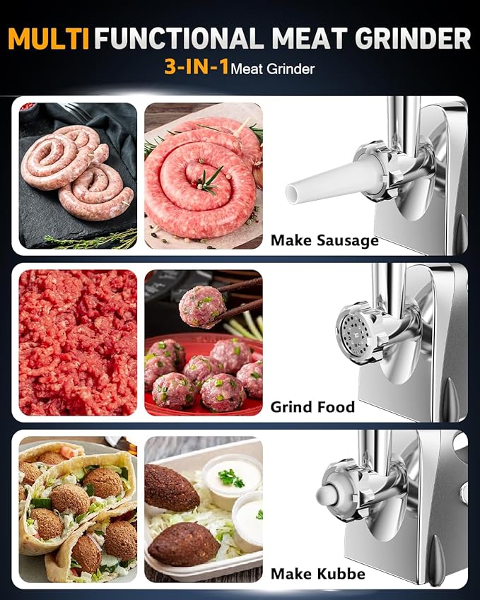 Electric Meat Grinder: [3000W Superior Motor] [Exquisite Box] Meat Grinder with 6 PCS Stainless Steel Blades & Grinding Plates, Sausage Stuffer Tubes & Kubbe Kit Portable Handle for Gift (Space Gray)