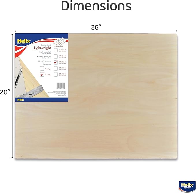 Helix - Wooden Lightweight Drawing Board - 20 x 26 Inch - Metal Edge - Drafting, Art, Sketching and Tracing