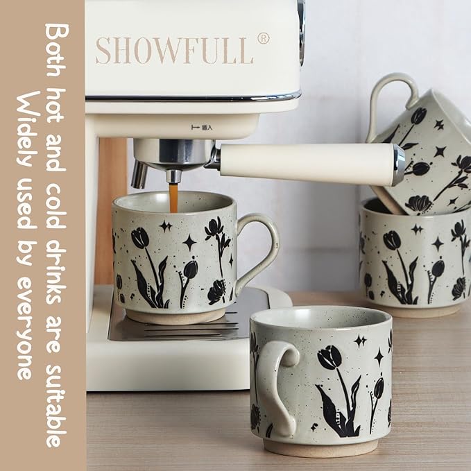 Stackable Coffee Mugs Set of 4, Aesthetic Cute 10 OZ Small Ceramic Espresso Cups Vintage Stoneware Tea Cup for Cappuccino Latte, Flower