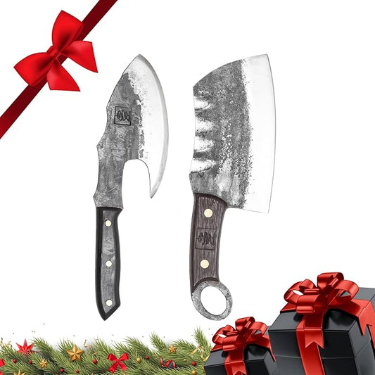 COOLINA Vikings Duo Butcher & Cleaver Knife Set - Hand-Forged High-Carbon Steel, Razor Sharp, Full Tang, Wood Handle, Perfect for BBQ, Meat & Veggies, Great Gift for Grill Masters