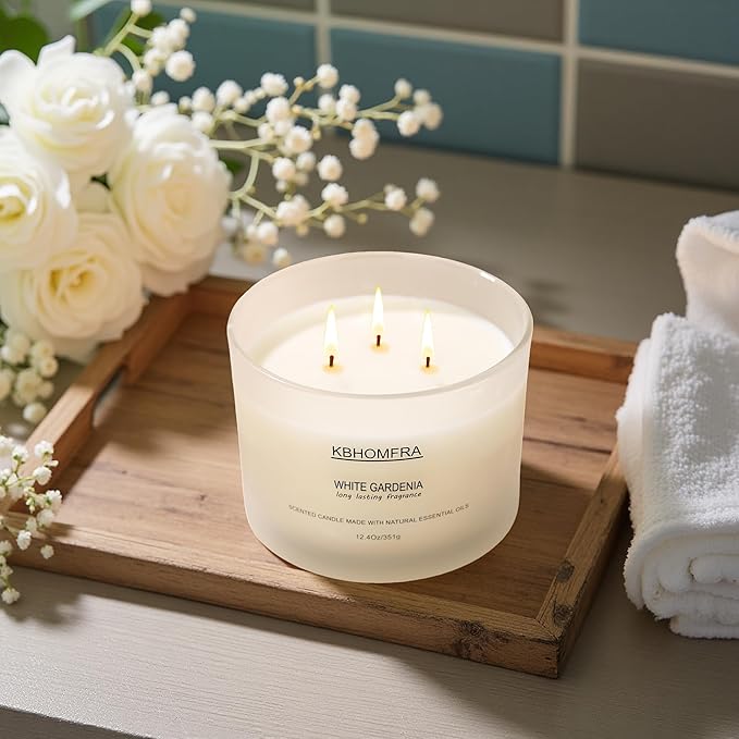 Scented Candle for Home, Patchouli Gardenia Candles Essential Oils, Soy Wax 12.4oz Big Candle,3-Wick 70 Hours Burn,for Festival Luxury Christmas Gift,Sleep Relaxation Ambience