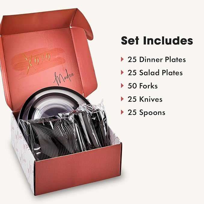By Madee HEAVYWEIGHT 150 Pcs Clear and Black Party Plates and Utensils Set | Fancy Disposable Dinnerware Set with Gift of 3D Butterflies for Table Decor (150 Pcs 25 Guests)