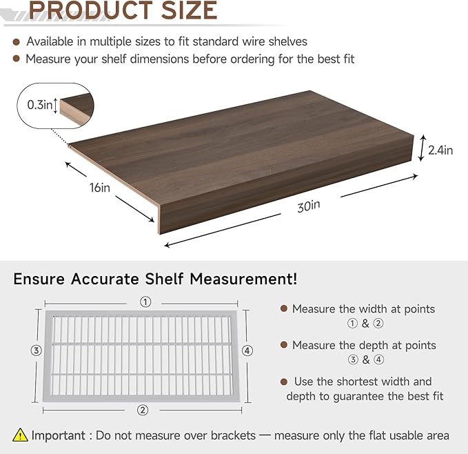 Wooden Wire Shelf Covers for Pantry & Closet – Wire Rack Covers for Shelves, Durable Wood Shelf Covers for Kitchen, Laundry Room, Storage Organization(Walnut,30in*16in)