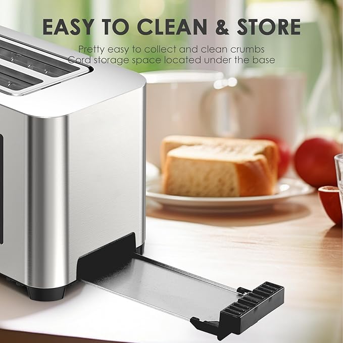 Geek Chef Touch Screen Toaster 4 Slice, 1.5" Extra Wide Slots for Bagels & Waffles, 6 Browning Levels, Timer, Reheat, Defrost, Cancel Function, Auto Shut-Off, Removable Crumb Tray, Stainless Steel