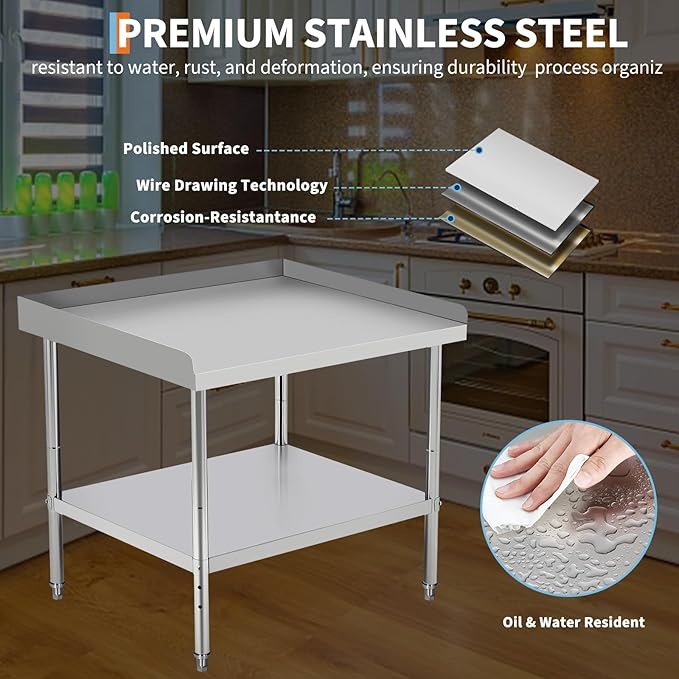48x28x30 in Stainless Steel Equipment Grill Stand Table 400 LBS Capacity NSF Certified with Adjustable Legs, 2 in Edge Baffle, for Hotel, Home, Commercial Restaurant Kitchen