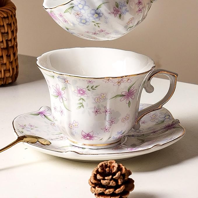 Bone China teacups,Vintage flower Pattern Espresso Teacups and Saucers,ceramic Coffee Mug Set & tea cups for women,about 7 oz(200 ml), Style02