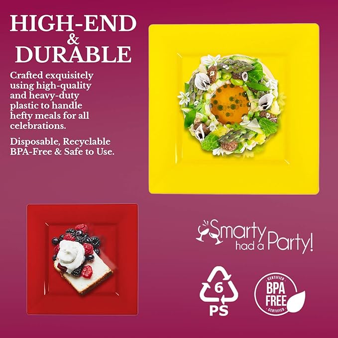 Elegant Disposable Plastic Dinnerware Set, Heavy Duty Plastic Plates (Yellow and Red, Wedding Value Set (40 Guests))