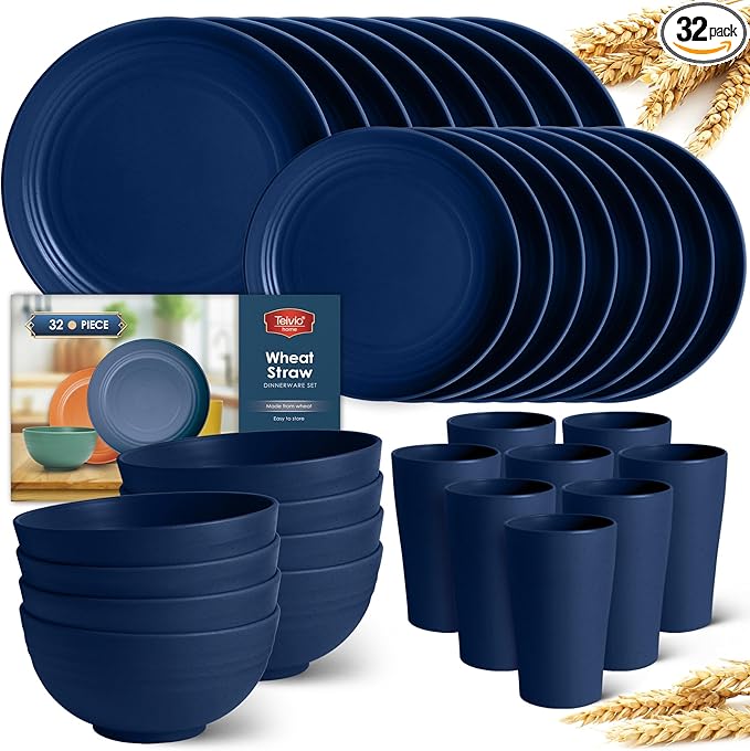 Teivio 32-Piece Kitchen Plastic Wheat Straw Dinnerware Set, Service for 8, Dinner Plates, Dessert Plate, Cereal Bowls, Cups, Unbreakable Colorful Plastic Outdoor Camping Dishes, Midnight Blue