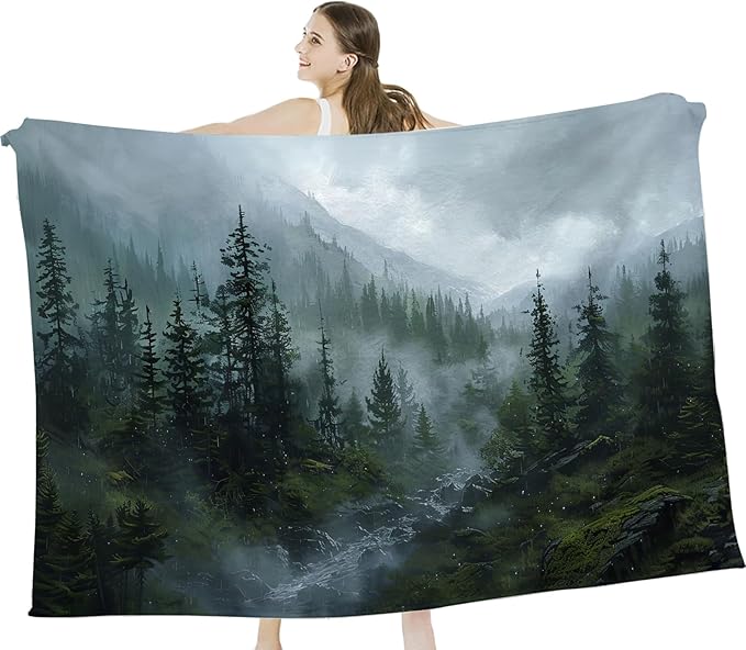 Forest Blanket Misty Mountain Tree Throw Blanket Cozy Plush Fleece Flannel Green Nature Blankets Landscape Party Gifts for Girls Boys Women Men 50"X40"
