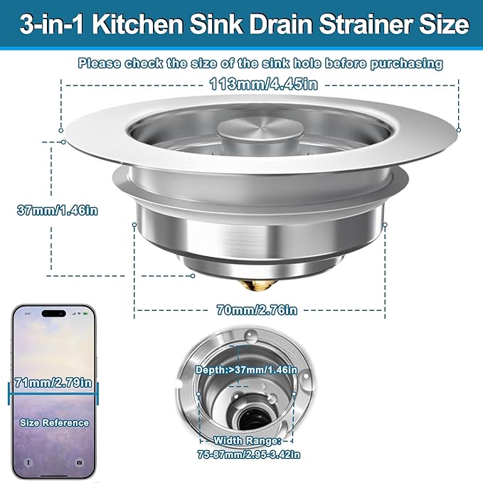 3-in-1 Kitchen Sink Drain Strainer & Stopper, Stainless Steel Food Catcher Plug with Filter Basket, Fits 3-1/2 Inch Drain Hole, Universal Sink Protector Cover, Anti-Clogging, Silver
