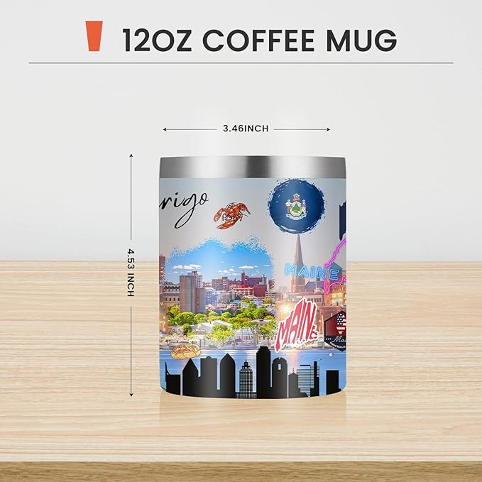 12oz Coffee Mug Maine State Insulated Coffee Cups, United States Map Travel Mug Landmark, Birthday Gifts Cute Mugs with Lid and Straw Mothers Day Gifts