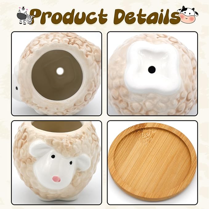 Photken Small Ceramic Succulent Pots - 6 Pack 3" Cartoon Animal Shape Planters Indoor & Outdoor with Drain Holes and Bamboo Tray for Succulents, and Herbs