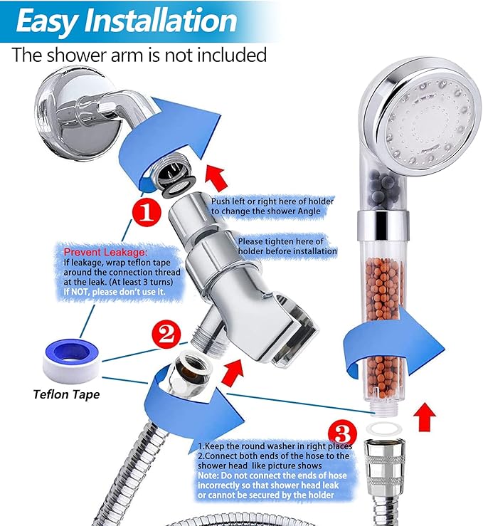 LED Shower Head with Handheld, High Pressure Shower Head with Hose, Holder & PTFE Tape etc, 3 Water Temperature-Controlled Water Saving Filtered Shower Head for Dry Hair& Skin