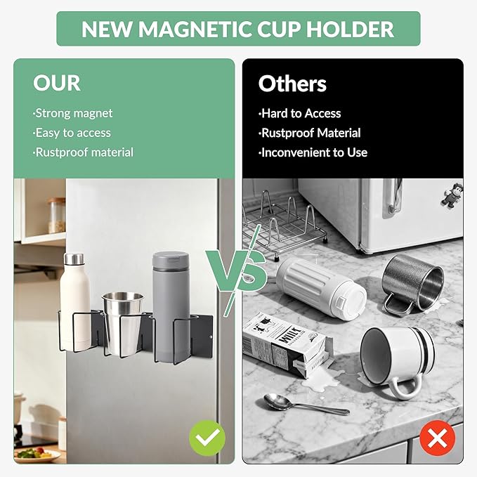 Garvee 4-Pack Magnetic Stanley Cup Holder for Fridge, Premium Carbon Steel Tumbler Organizer, Space-Saving Cup Holder & Lid Organizer for Kitchen Cabinet Storage (35 * 10.5 * 9.5cm)