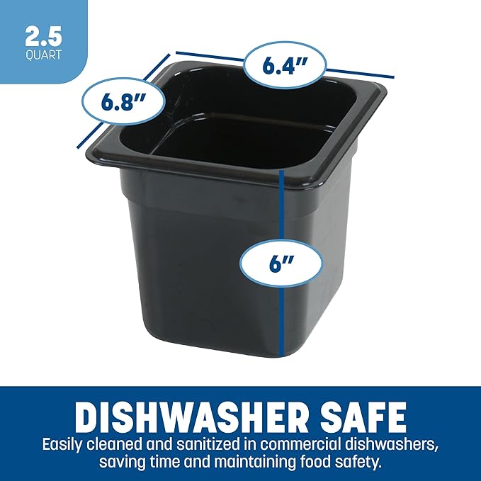 Carlisle FoodService Products Storplus 1/6-Size Plastic Food Pan, Food Storage Container, for Catering, Buffets, Restaurants, Polycarbonate, 1/6 Size, 6 Inches Deep, Black