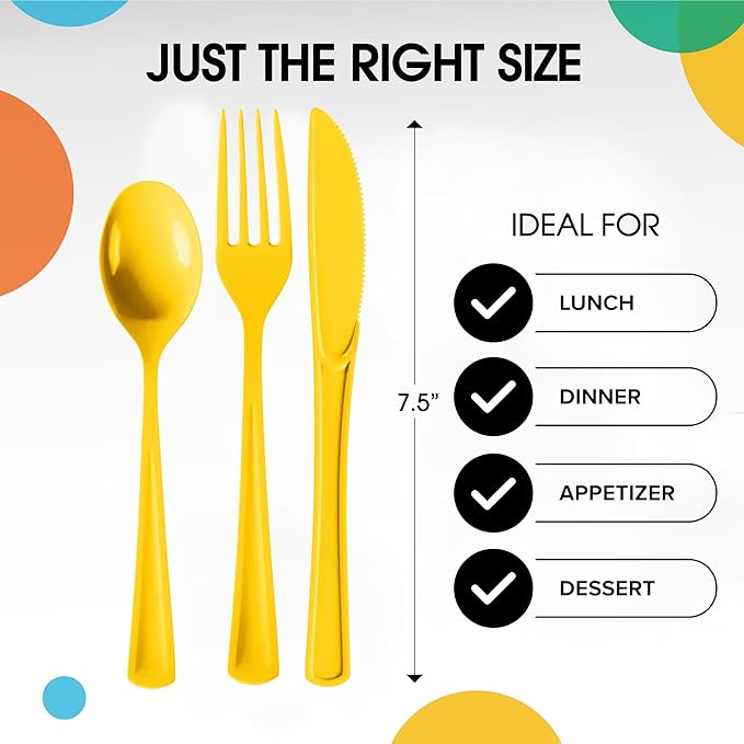 Party Solids Yellow Plastic Silverware Heavy Duty 150 Pieces Yellow Disposable Silverware Heavy Duty, Utensil Sets, 50 Of Each Forks, Knives & Spoons Disposable Cutlery Set For Party Supplies