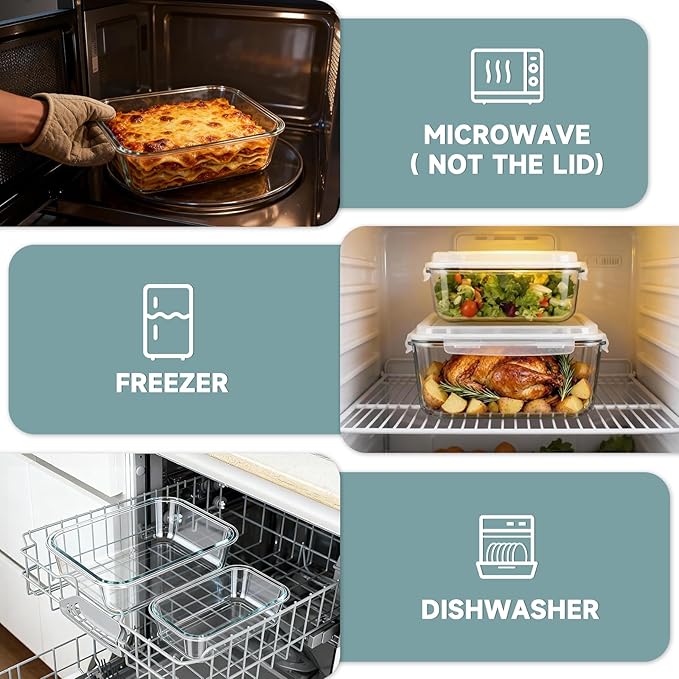 KOMUEE 220oz & 76.4oz Extra Large Glass Food Storage Containers with Airtight Lids, 2 Piece Big Glass Containers Set, Ideal for Storing Rotisserie Chicken, Lasagna,Salads,Fruits, Leak-proof & BPA-Free