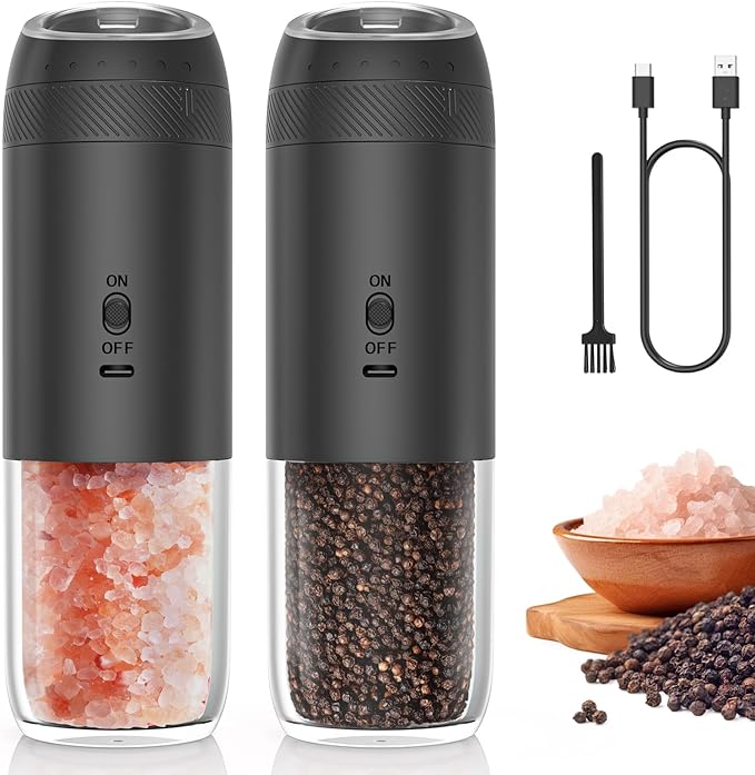 Gravity Electric Salt and Pepper Grinder Set, Automatic Salt and Pepper Mill Sets with LED Light, Type C Charging, Adjustable Coarseness, Large Capacity(2 Pack Black/Black)