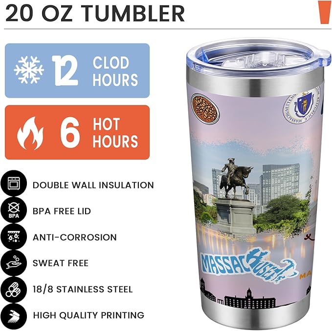 20oz Insulated Tumbler Massachusetts State Coffee Mug, United States Map Travel Mug Landmark, Birthday Gifts Cute Custom Tumbler Cups with Lid and Straw Mothers Day Gifts