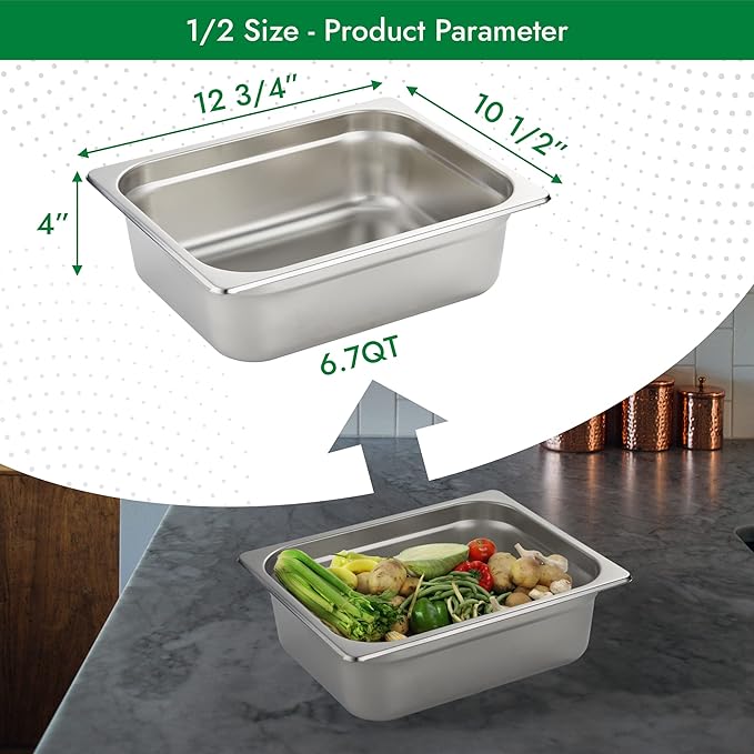HECMAC 6 Pack Anti-Jam Hotel Pans, 1/2 Size 4 Inch Deep, Commercial Stainless Steel Chafing Steam Table Pan, Catering Storage Metal Food Pan, 23 Gauge