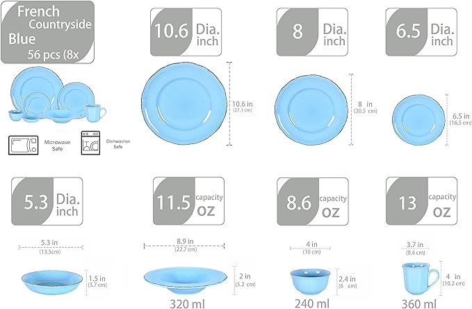 20pc Dinnerware Set, Plate and Bowl Set, Stoneware Dishes Set for 4, Microwave and Dishwahser Safe, Scratch Resistant, French Countryside Speckled Antique Blue