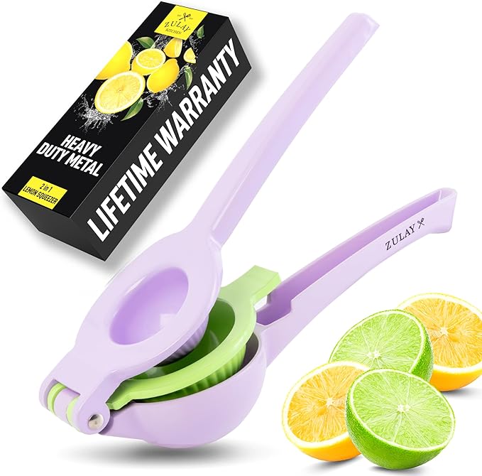 Zulay Kitchen Metal 2-in-1 Lemon Squeezer - Sturdy Max Extraction Hand Juicer Lemon Squeezer Gets Every Last Drop - Easy to Clean Manual Citrus Juicer - Easy-Use Lemon Juicer Squeezer - Purple/Lime