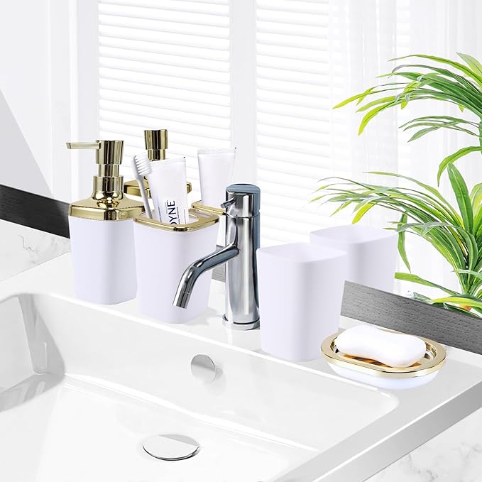 9Pcs Bathroom Accessories - White Bathroom Accessories Set with Trash Can, Soap Dispenser, Soap Dish, Toothbrush Holder, Toothbrush Cup, Toilet Brush Holder, Qtip Holders and Tray for Home
