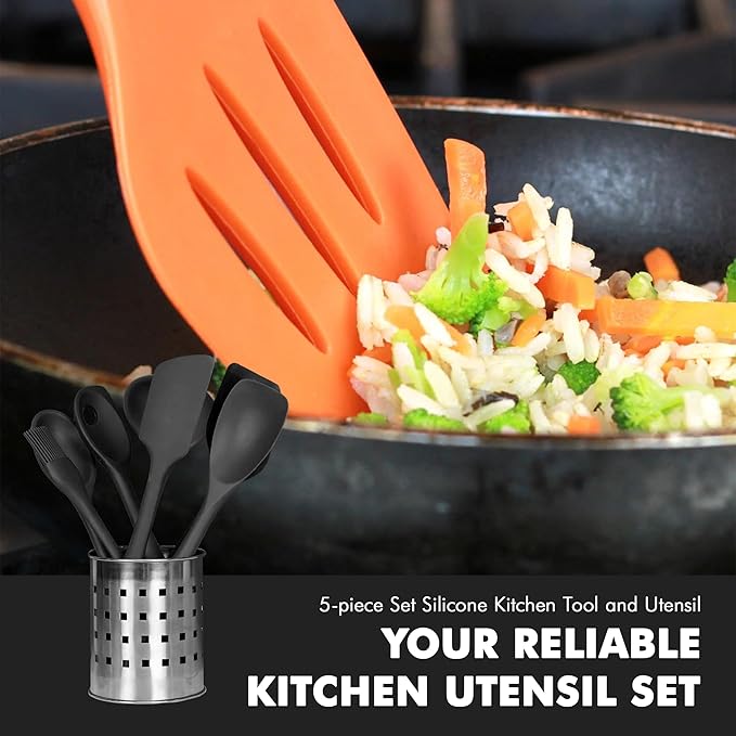 Chef Craft Premium Silicone Kitchen Tool and Utensil Set, 5 Piece, Black