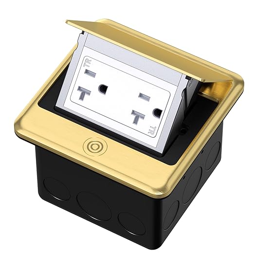 KYHSHJ Pop Up Floor Electrical Outlet Box Kit，20 Amp Stainless Steel TR Tamper-Resistant Duplex Receptacle Outlet，Corrosive Resistant Hardware，ETL Listed, Brass