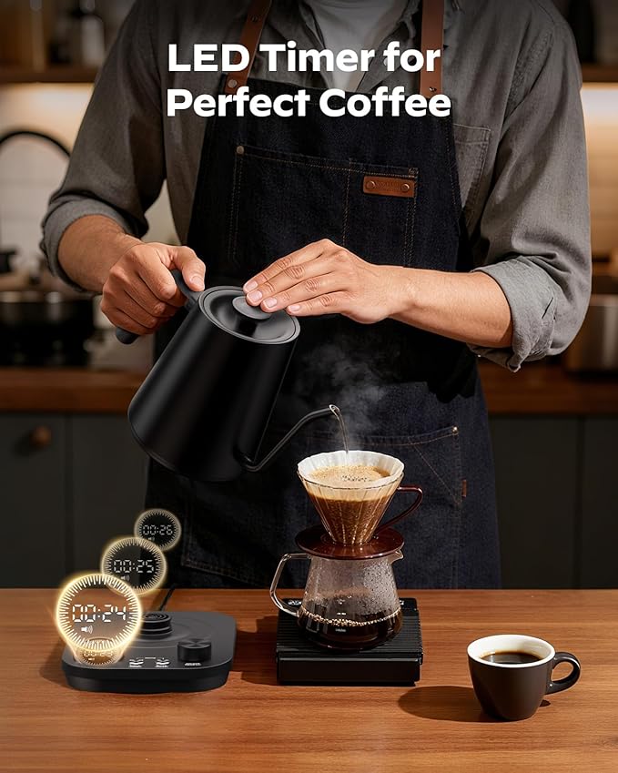 Silonn Gooseneck Kettle, Electric Kettle with ±1°F Precise Temperature Control, Pour-Over Coffee,212°F Hold for 4-Hour Warmth, LED Brew Timer and 7 Presets, 304 Stainless Steel Kettle, 1200W/0.9L