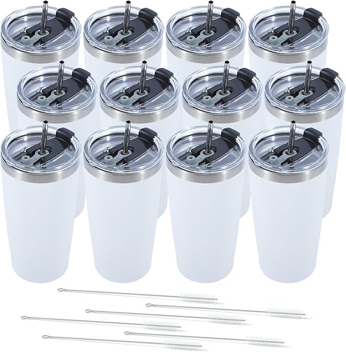 Dongni 20oz Tumbler Bulk Stainless Steel Vacuum Insulated Tumblers with Lid Double Wall Travel Mug Powder Coated Coffee Cup, Suitable for Ice Drinks and Hot Beverage（White 12 pack）
