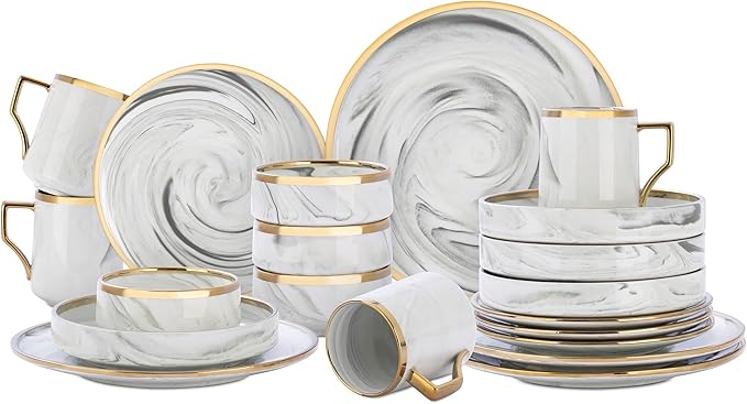 20 Piece Plates and Bowls Sets, Fine China Artisan Marbled Dinner Set for 4, Dishwasher Safe, Scratch Resistant, Grey with Gold Line