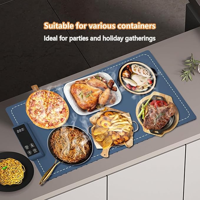 Warming Mat for Food Electric Food Warming Tray Large 24x16in Rapid Full-Surface Heating Portable & Rollable Versatile Food Warmer for Countertop Perfect for Gatherings Parties Everyday Use (Blue)