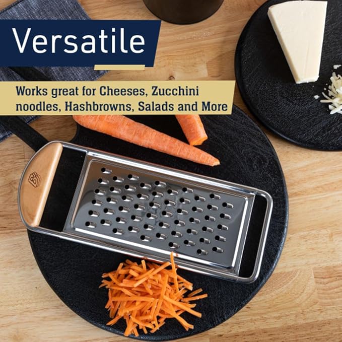 Cheese Grater Handheld - Stainless Steel Flat Food Grater with Cherrywood Handle - Coarse Shredder Kitchen for Medium-Hard Cheese and Vegetables - Italian Made Kitchen Gadgets by Kings County Tools