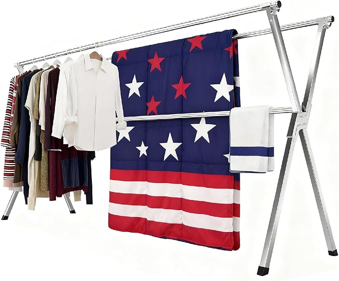 Premium Stainless Steel Clothes Drying Racks 81.5-83 Inches Heavy Duty Drying Rack Clothing Collapsible Foldable Portable Large Laundry Drying Rack with 20 Windproof Hooks for Indoor Outdoor