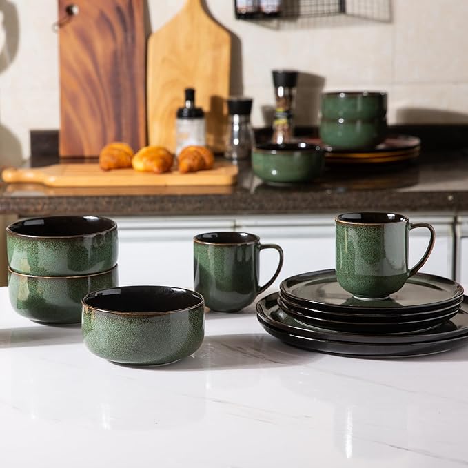 LeRatio Ceramic Dinnerware Sets for 6,Porcelain Plates and Bowls Sets,Handmade Reactive Glaze Dishes Set,Chip Resistant and Scratch Resistant | Oven&Dishwasher & Microwave Safe-Green(18PCS)