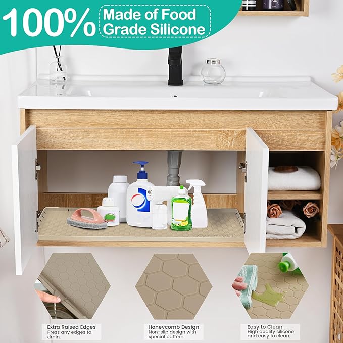 Waterproof Under Sink Mat 28" x 19", Silicone Cabinet Liner, Rubber Protector for Kitchen and Bathroom, Keeps Cabinets Clean, Dry, and Organized (Khaki)