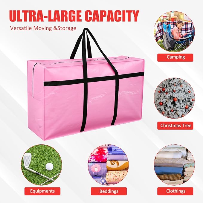 4 Pcs 66 Gallon Large Moving Bags with Zipper and Handles Foldable Storage Duffle Bags Heavy Duty Extra Large Totes for College Dorm Travel Clothes Blankets Bedding Moving (Pink)