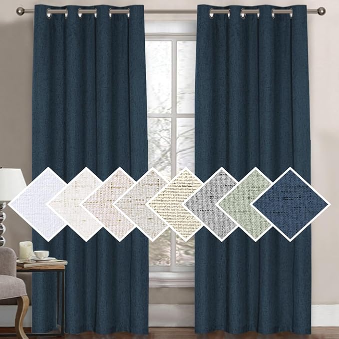 H.VERSAILTEX 100% Blackout Curtain for Bedroom 96 Inches Long Grommet Linen Face Full Light Blocking Curtain Drape for Living Room Thermal Insulated Linen Look Curtain 1 Panel, 52" W x 96" L, Navy