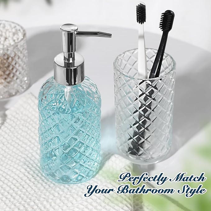 Bathroom Accessories Set, 4 Pack Clear Glass Bath Accessory Sets Complete, Diamond Soap Dispenser and Toothbrush Holder Set for Bathroom Counter Organizer Essentials, Modern Bathroom Decor