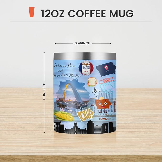 12oz Coffee Mug Iowa State Insulated Coffee Cups, United States Map Travel Mug Landmark, Birthday Gifts Cute Mugs with Lid and Straw Mothers Day Gifts