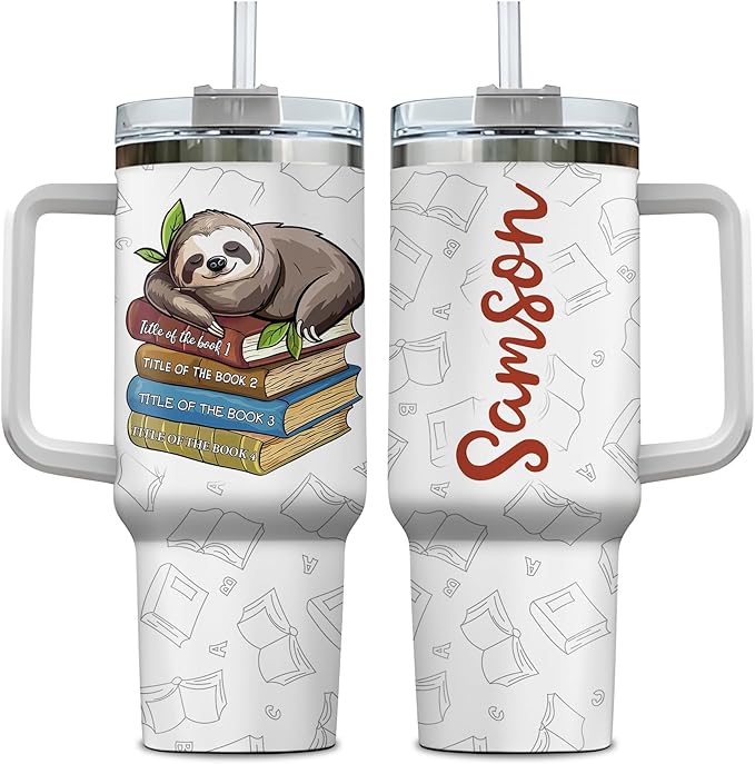Personalized Sloth Tumbler 40oz with Handle & Straw - Cute Sleeper Sloth & Books Tumbler - Valentine Mother Father's Day Birthday Gifts - Custom Name Stainless Steel Travel Coffee Cup